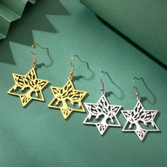 Tree of Life Dangle Earrings for Women - Stainless Steel Geometric Rhombus & Hexagram Star Fashion Jewelry Pendant