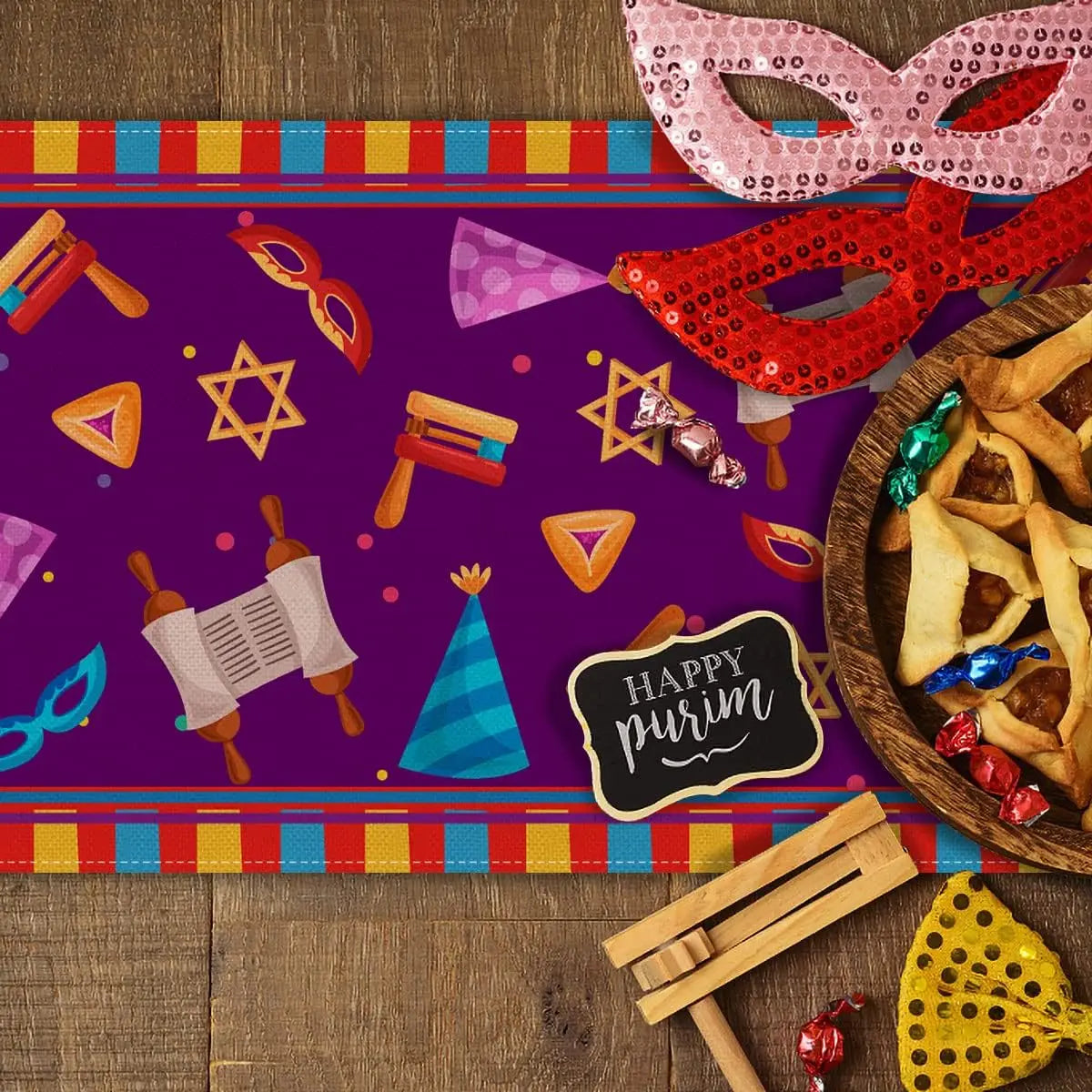 Rustic Purim Table Runner – Farmhouse Linen Jewish Holiday Decoration for Dining & Parties