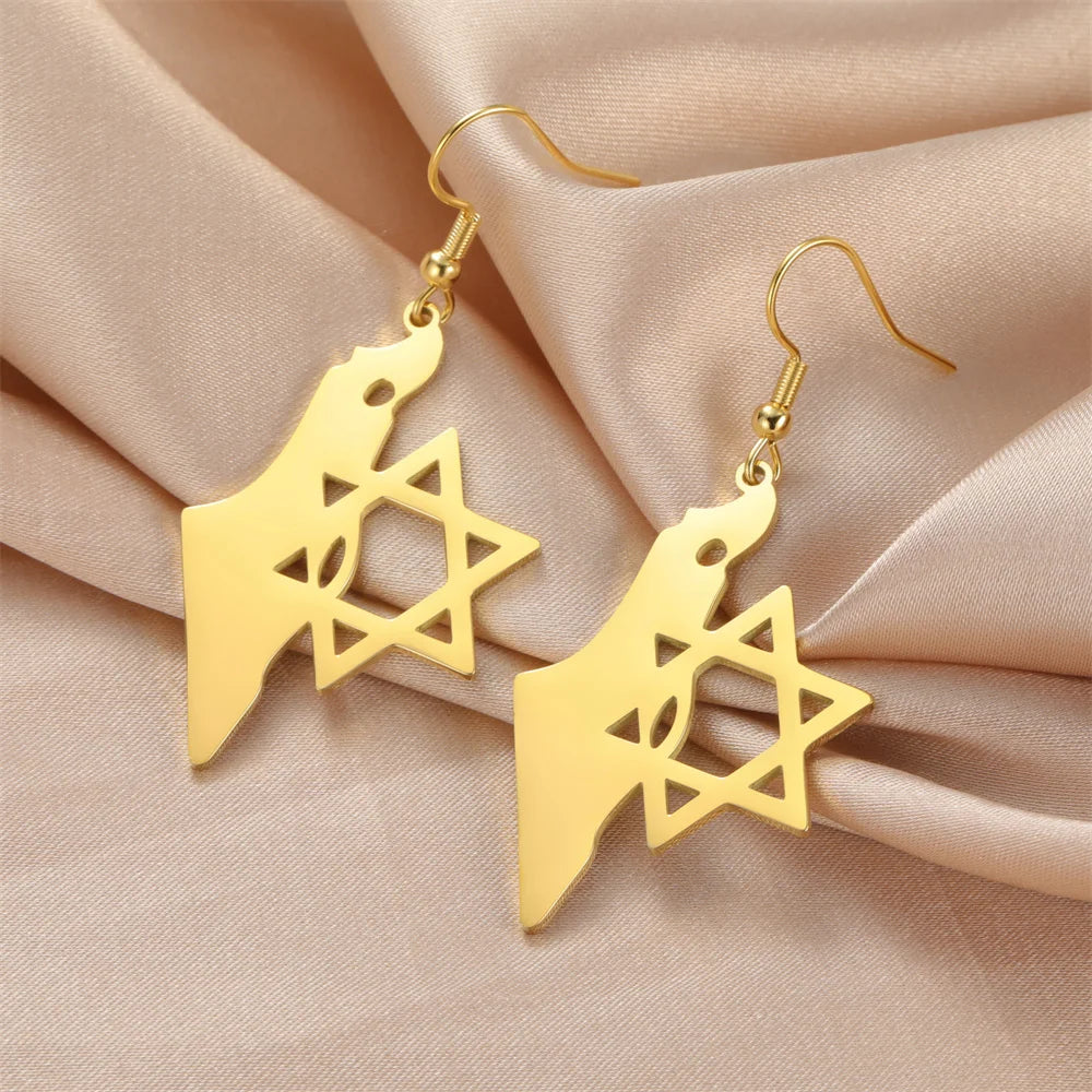 Star of David & Map of Israel Hoop Earrings - Stainless Steel Hexagram Jewelry