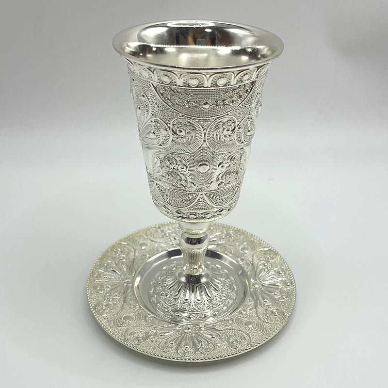 Silver Plated Judaica Kiddush Cup with Flower Design Base & Matching Tray