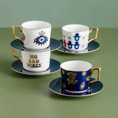 Blue Eyes Ceramic Coffee Mug - Porcelain Mug with Saucers (1 Set)