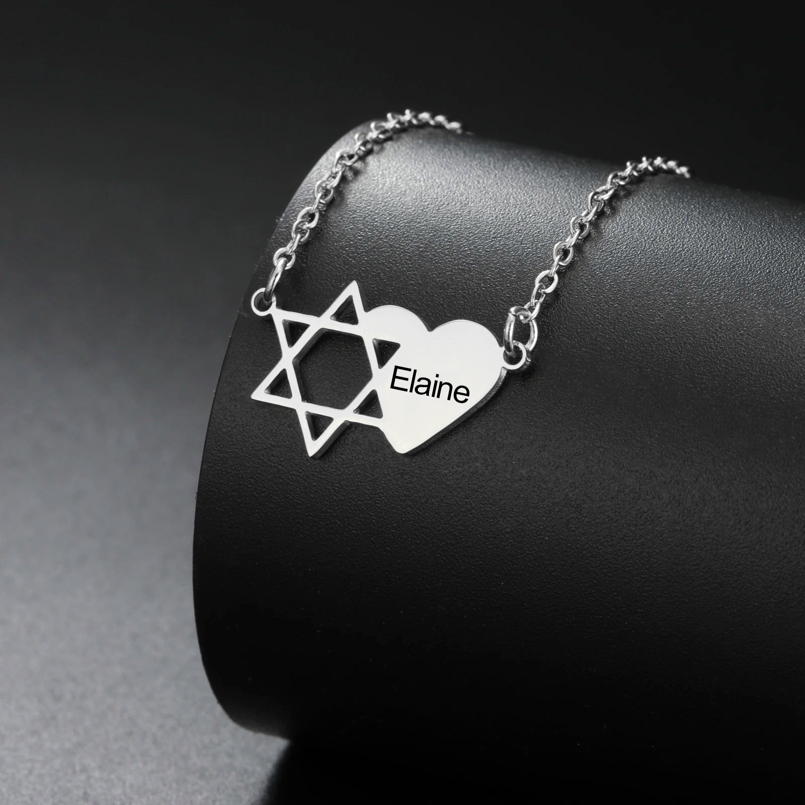 Personalized Jewish Name Necklace - Star of David Engraving Stainless Steel Heart Hexagram