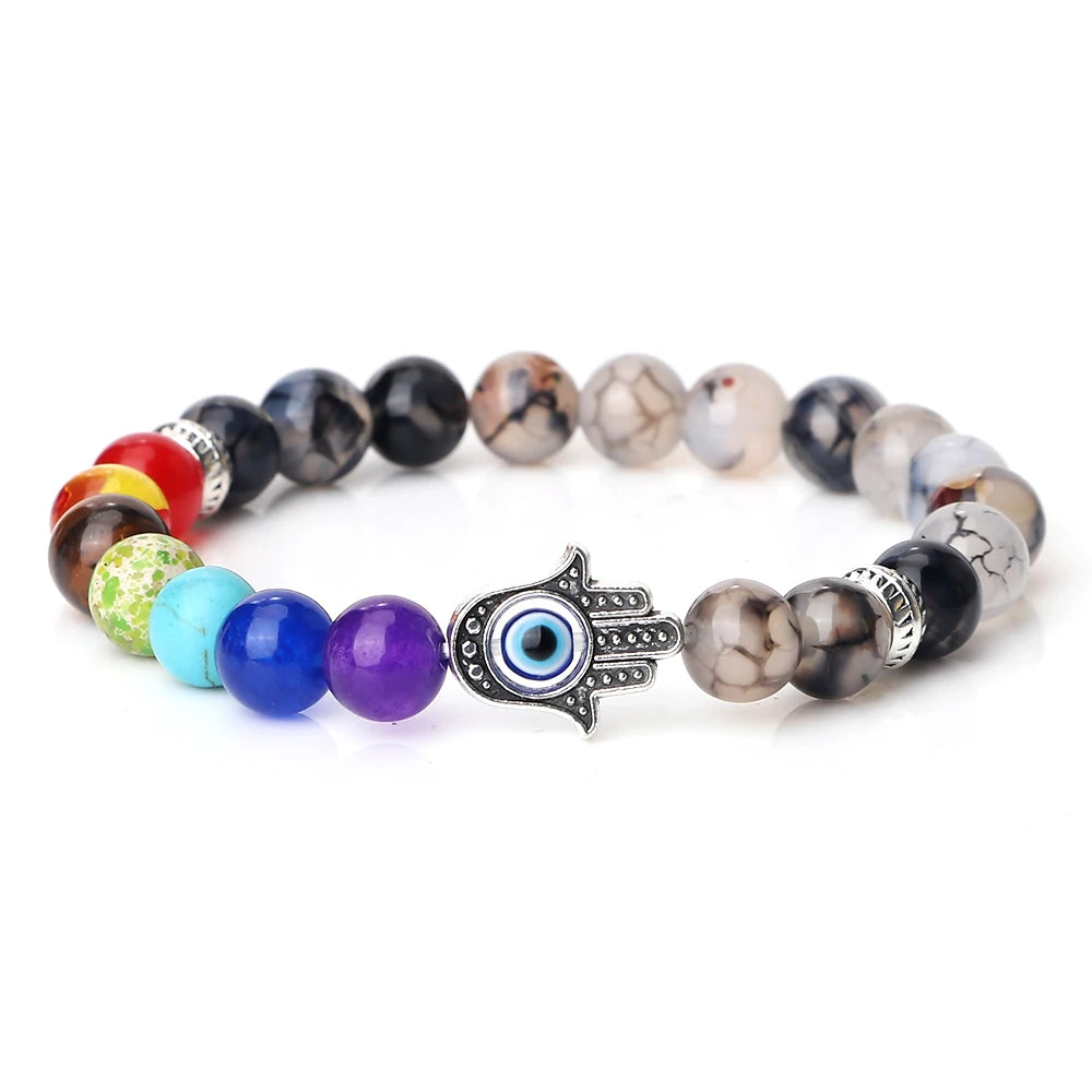 7 Chakra Bracelet - Natural Tiger Eye, Lava, Onyx & Agate Beads with Turkish Evil Eye & Hand of Fatima Charms