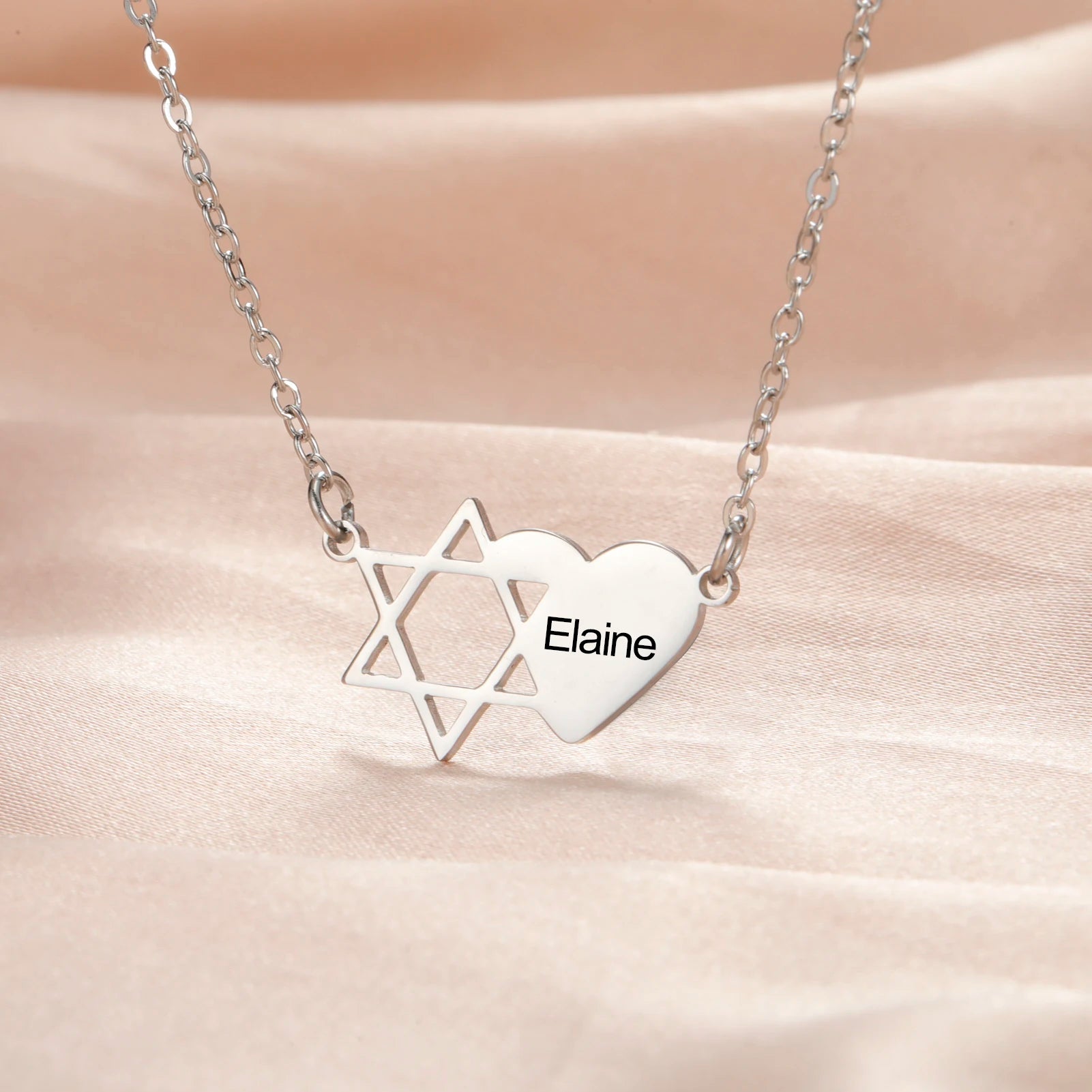 Personalized Jewish Name Necklace - Star of David Engraving Stainless Steel Heart Hexagram