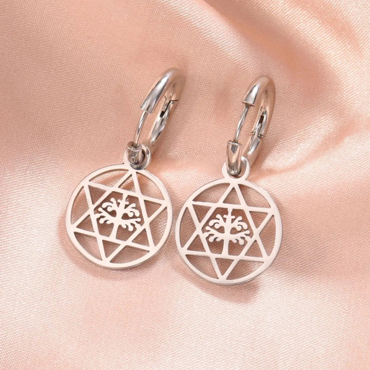 Star of David Dangle Drop Earrings and Tree of Kabbalah Design - Fashion Jewish Jewelry