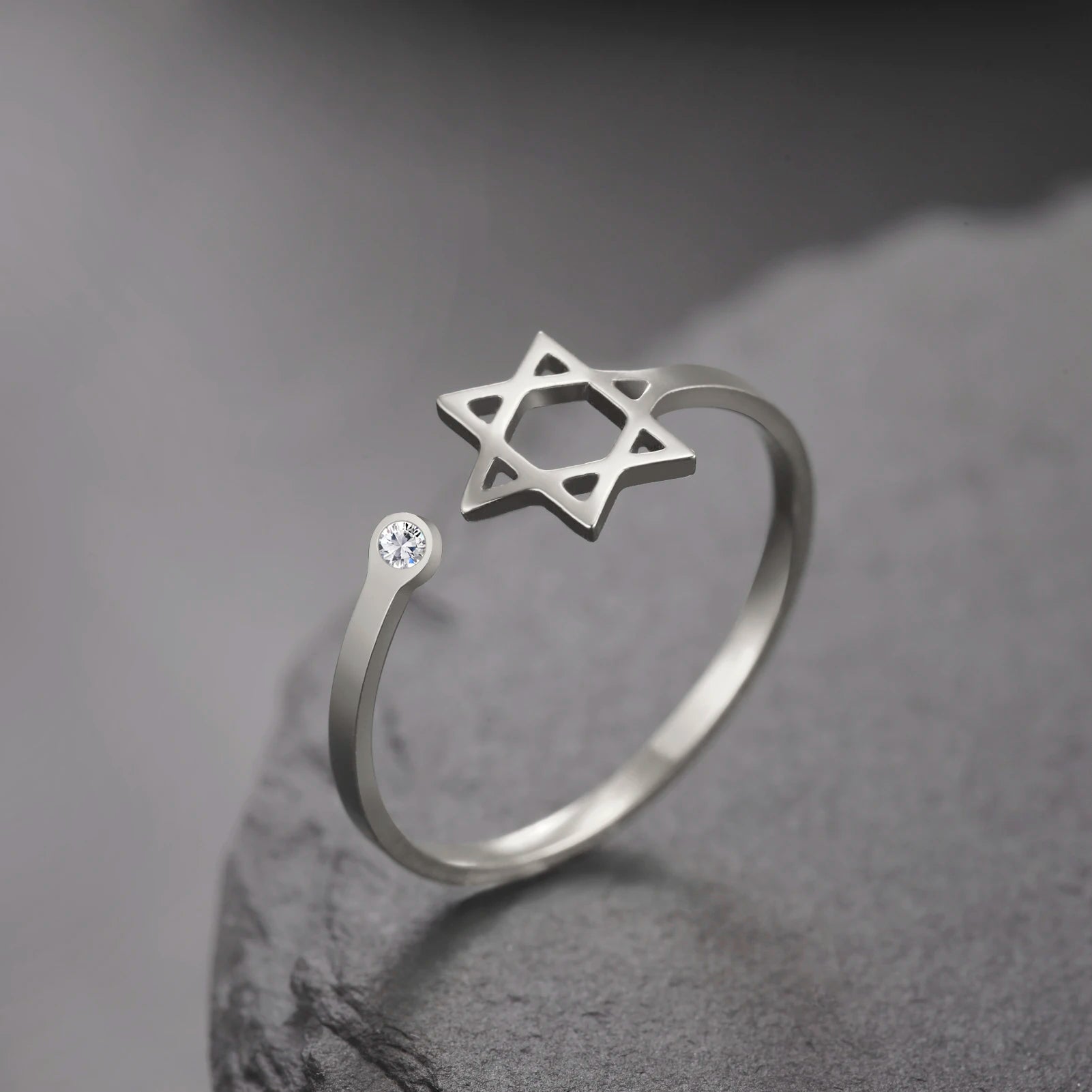 Star of David Zircon Ring for Women - Adjustable Stainless Steel Hexagram Jewish Amulet