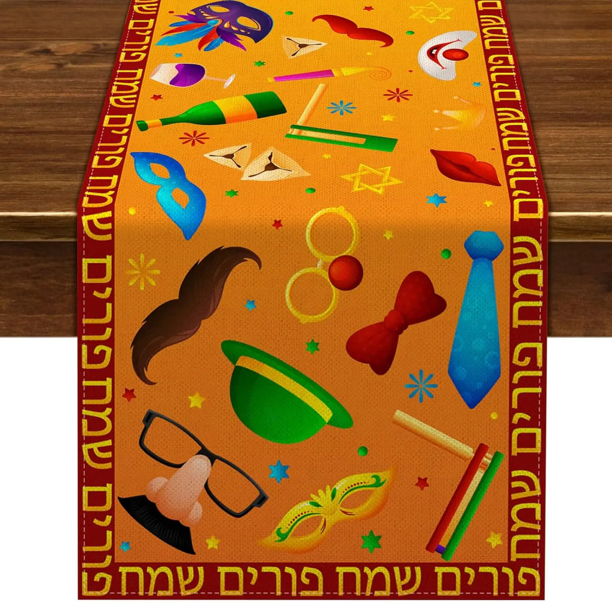 Happy Purim Dining Table Runner – Linen Jewish Festival Decoration with Masque & Hat Motif