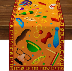 Happy Purim Dining Table Runner – Linen Jewish Festival Decoration with Masque & Hat Motif