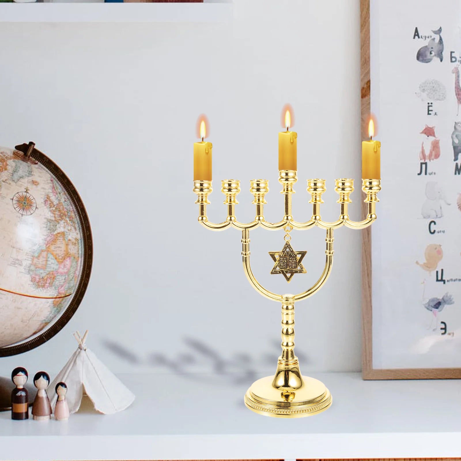 Gold Seven-Headed Menorah Candlestick Holder