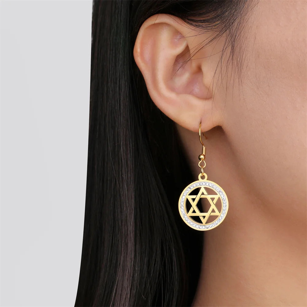 Star of David Dangle Earrings for Women & Girls - Hexagram Moon Pendant with Zircon, Stainless Steel Israel Jewish Jewelry Charm