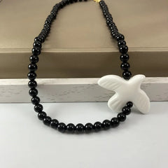 High-Grade White Ceramic Bird Peace Dove Pendant - Black Agate Bracelet/Necklace