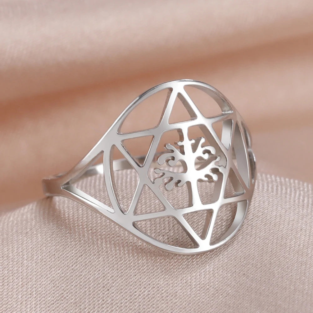 Hexagram Tree of Life Ring - Star of David & Pentagram Kabbalah