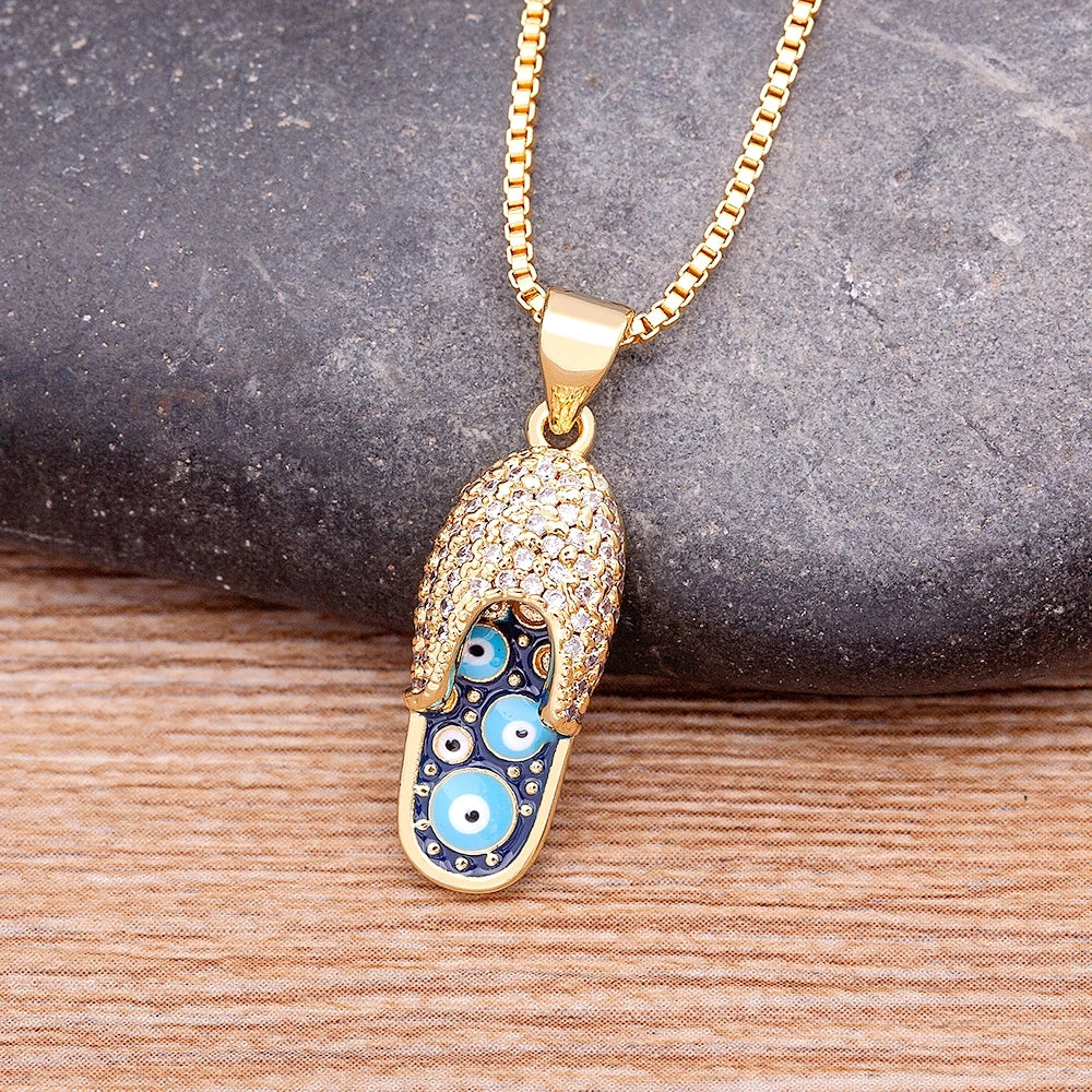 Enamel Slipper Evil Eye Pendant Necklace