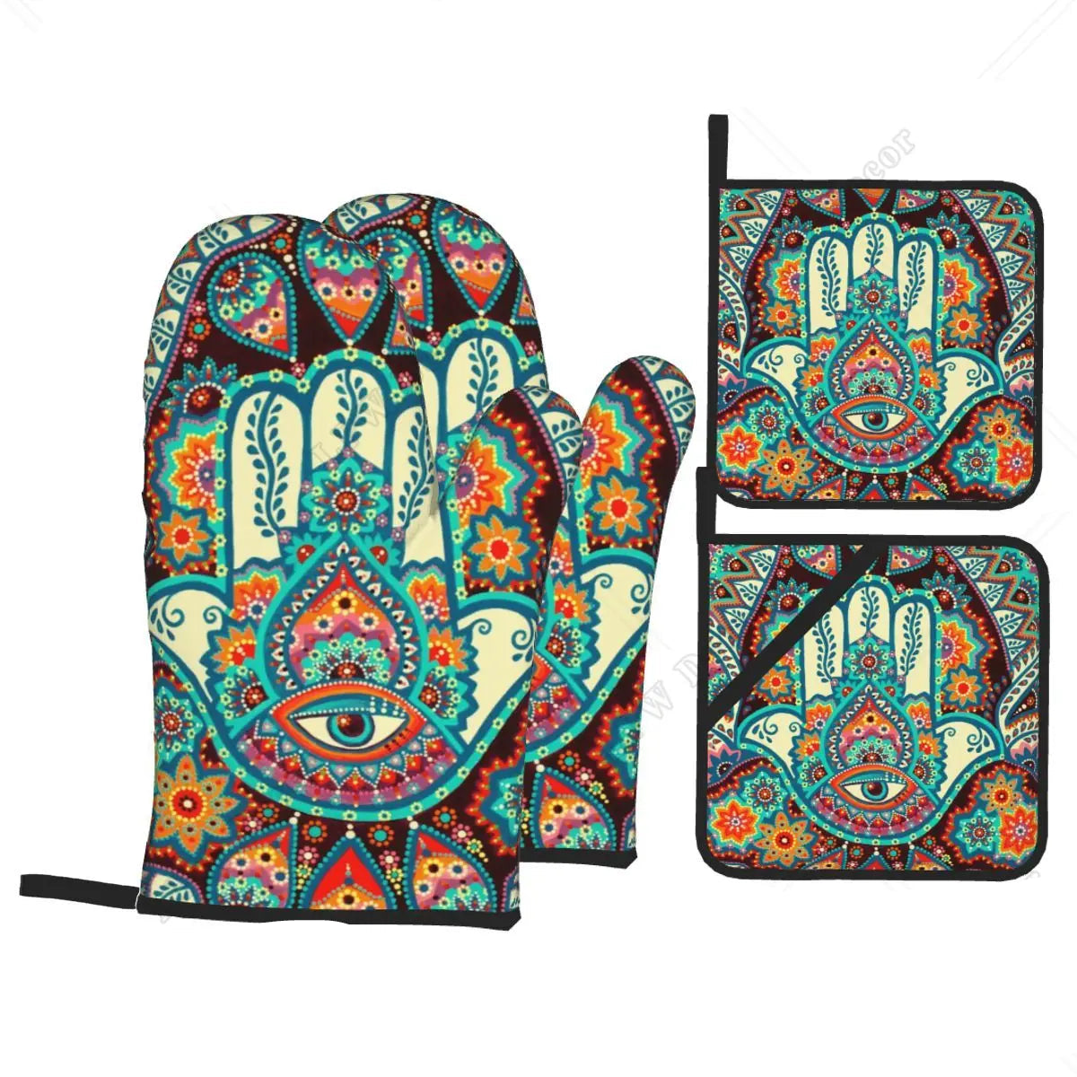 Evil Eye Hamsa Hand Pattern Oven Mitts & Pot Holders Set (4PC)