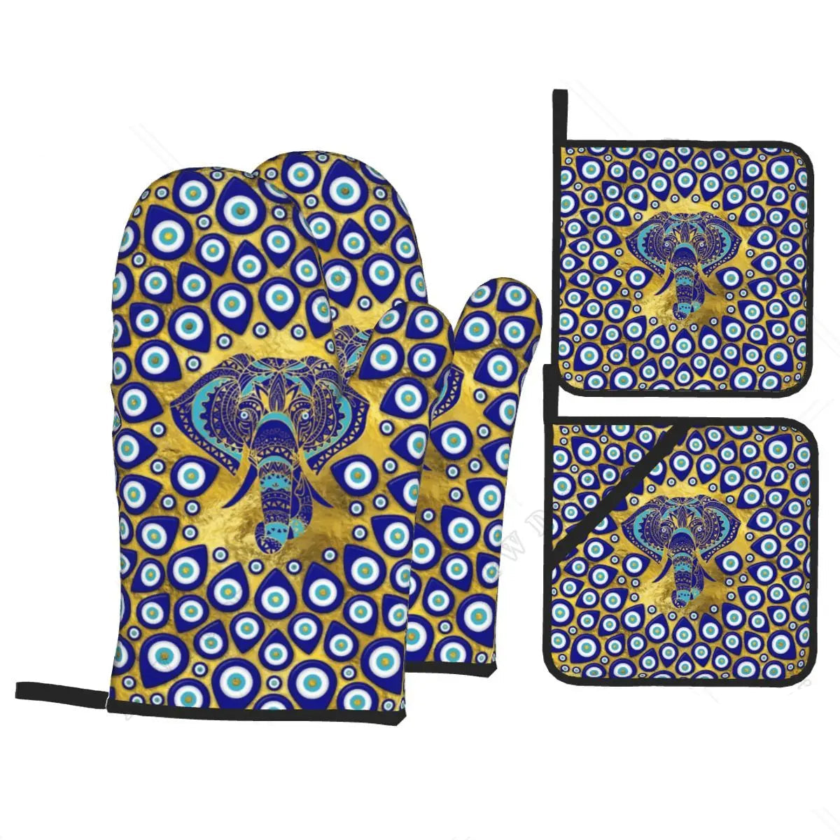 Evil Eye Hamsa Hand Pattern Oven Mitts & Pot Holders Set (4PC)