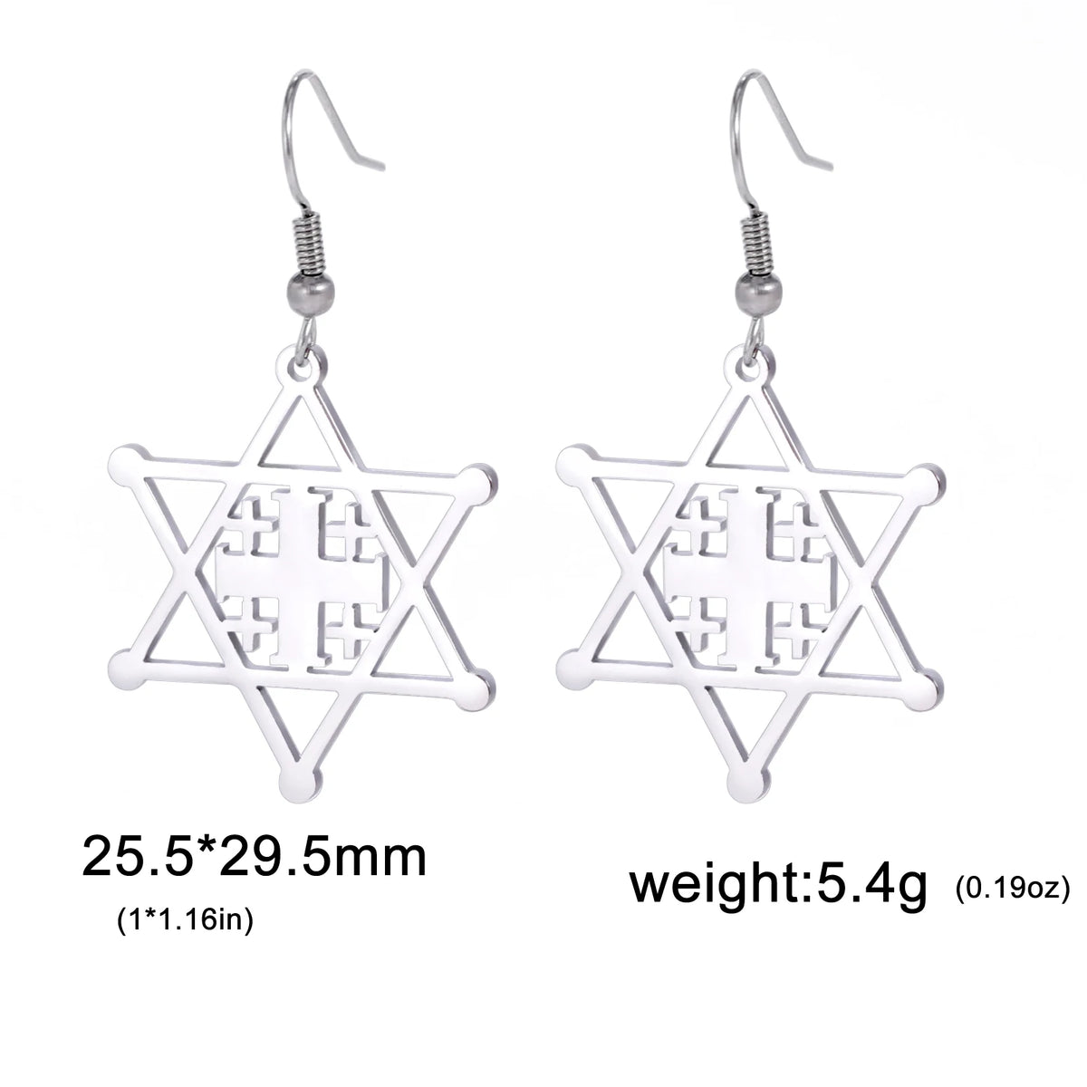 Star of David Cross Women's Earrings - Double Layered Hexagonal Star, Vintage Stainless Steel Jewish Jewelry Gift