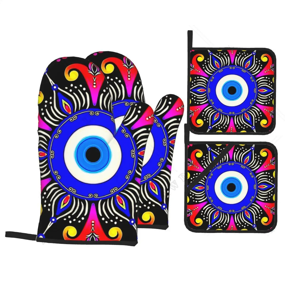 Evil Eye Hamsa Hand Pattern Oven Mitts & Pot Holders Set (4PC)