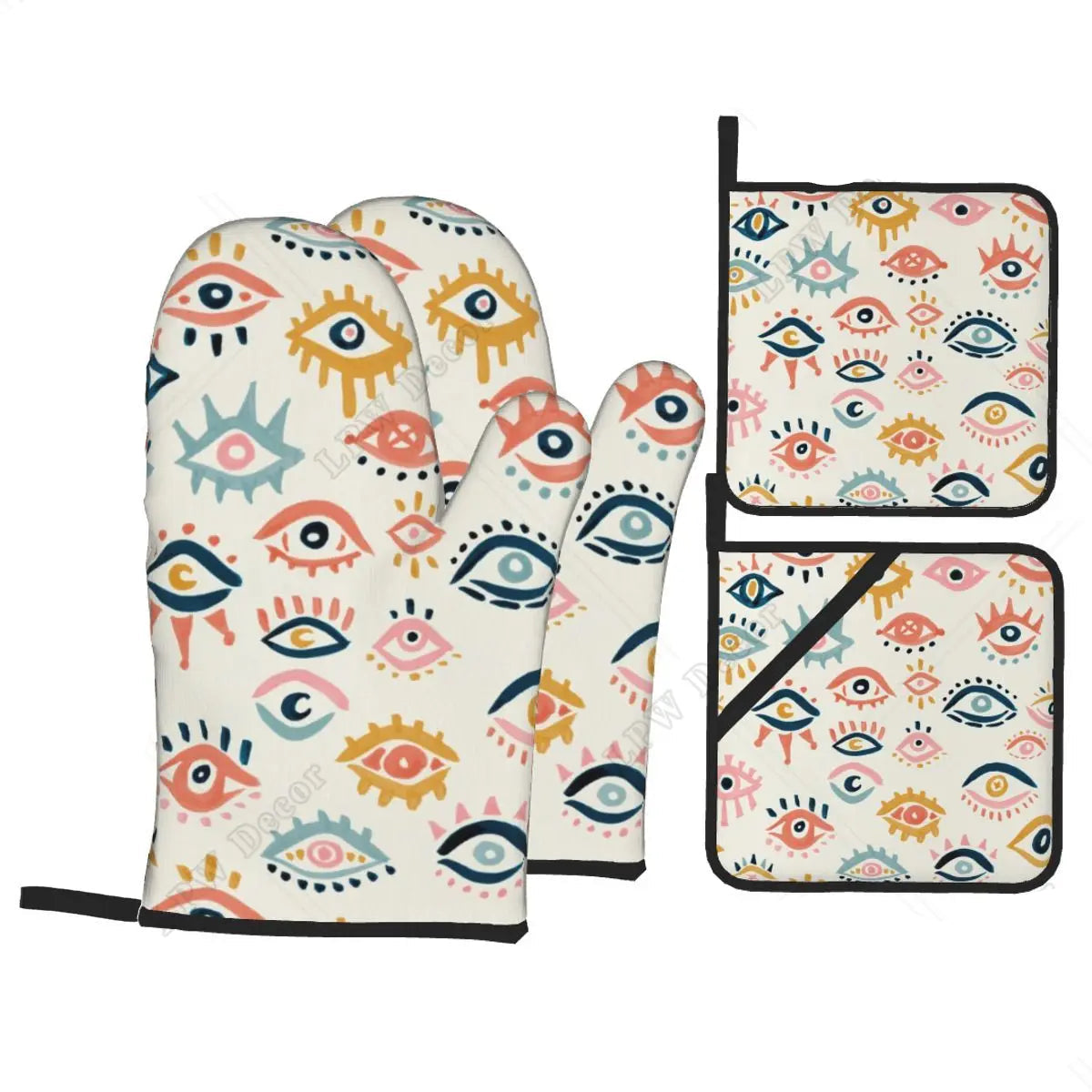 Evil Eye Hamsa Hand Pattern Oven Mitts & Pot Holders Set (4PC)