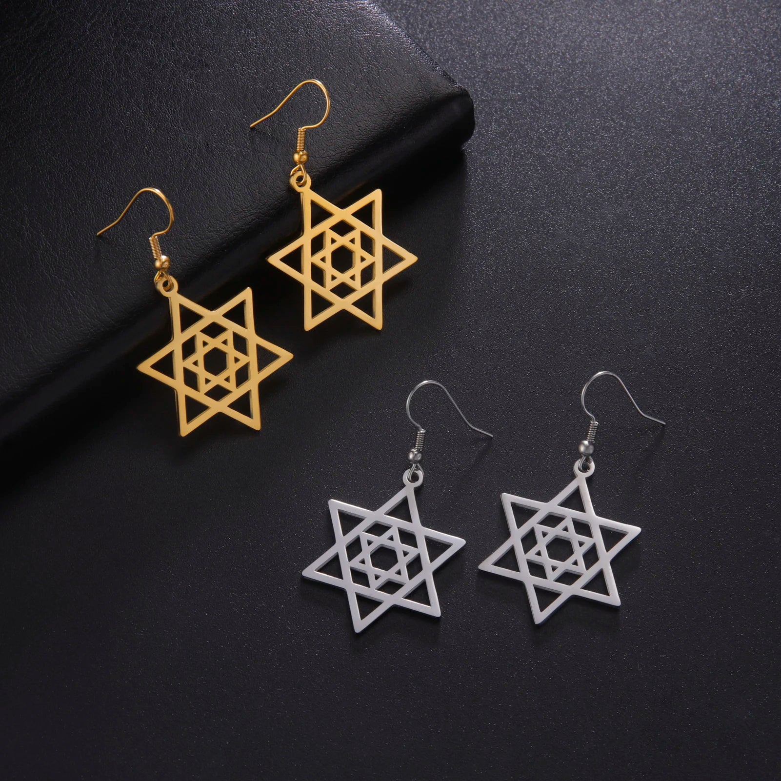 Star of David Cross Women's Earrings - Double Layered Hexagonal Star, Vintage Stainless Steel Jewish Jewelry Gift