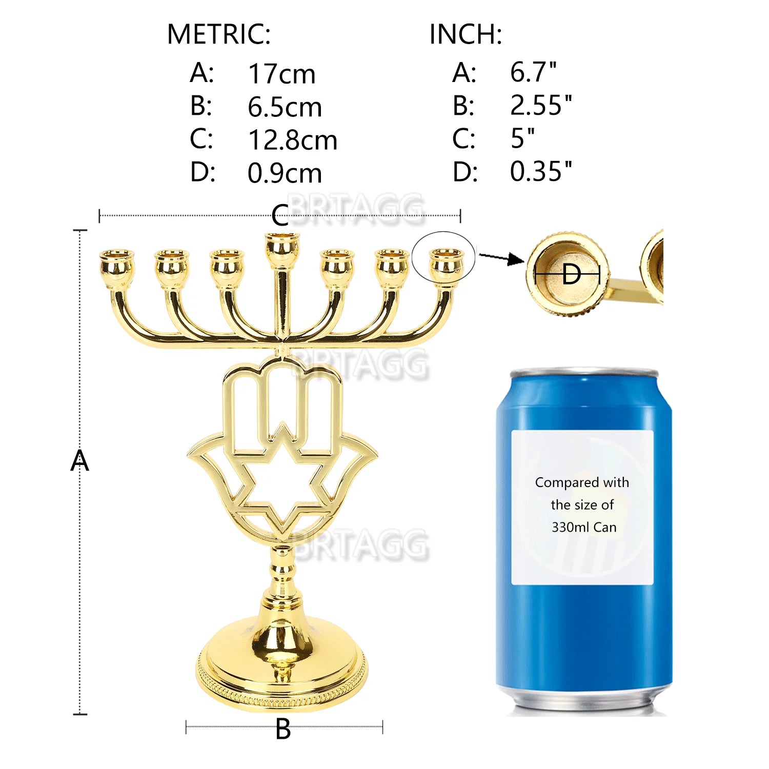 17cm Menorah Candle Holder with Hamesh Hamsa Hand