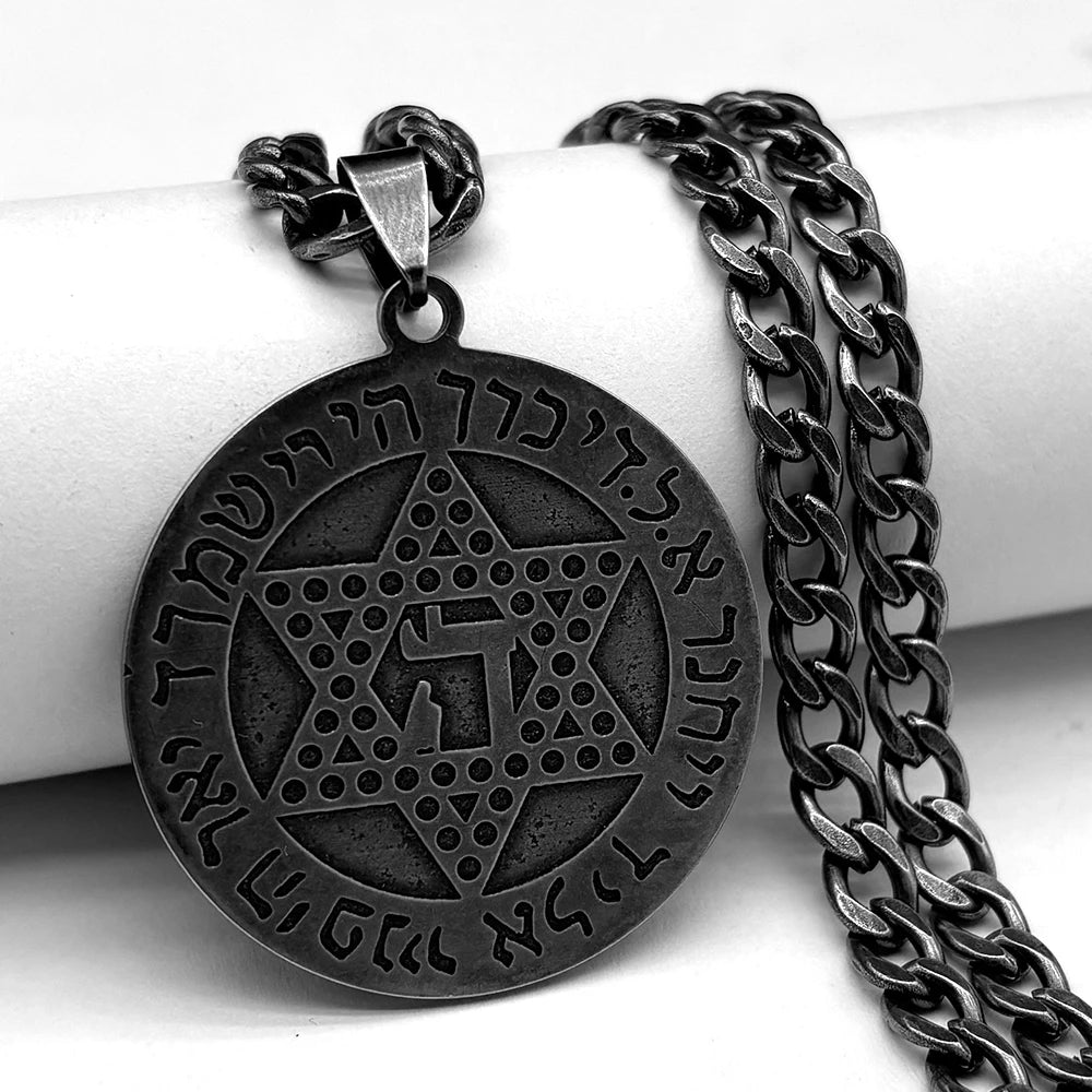 Hebrew Scripture Star of David & Chai Necklace - Stainless Steel Kabbalah Amulet