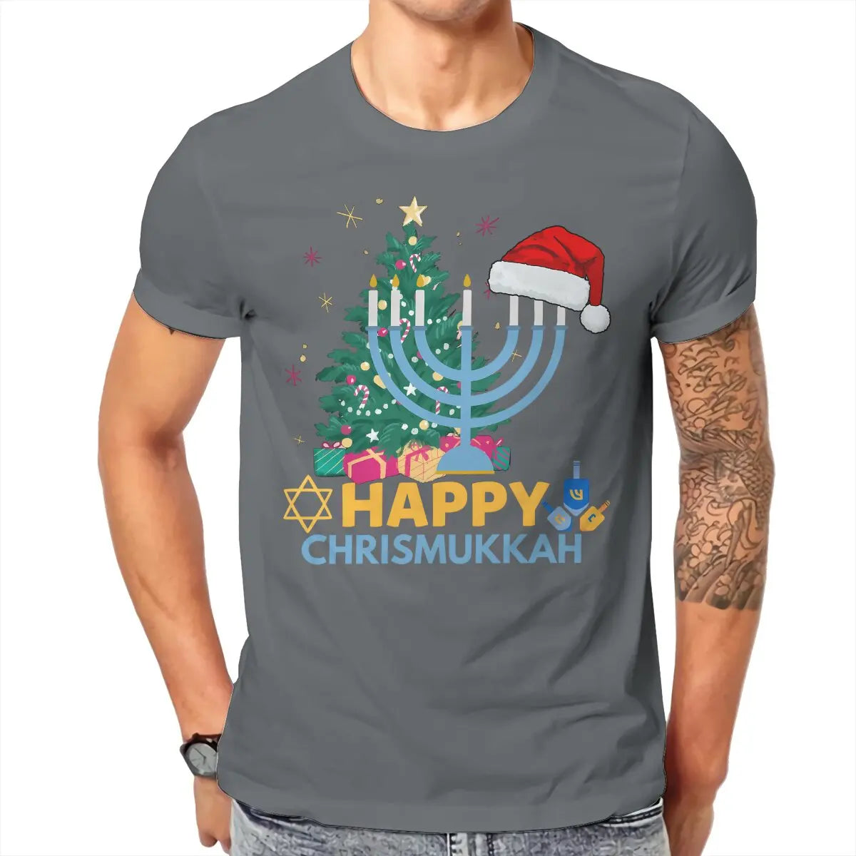 Funny Chrismukkah Harajuku T-Shirt - Happy Hanukkah Pattern Streetwear