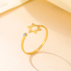 Star of David Zircon Ring for Women - Adjustable Stainless Steel Hexagram Jewish Amulet