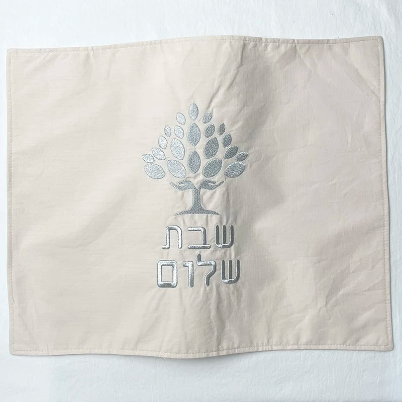 Shabbat Challah Bread Cover - Cotton Linen with Embroidered Hebrew Blessing 19 x 15 Inch