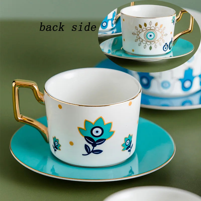 Blue Eyes Ceramic Coffee Mug - Porcelain Mug with Saucers (1 Set)