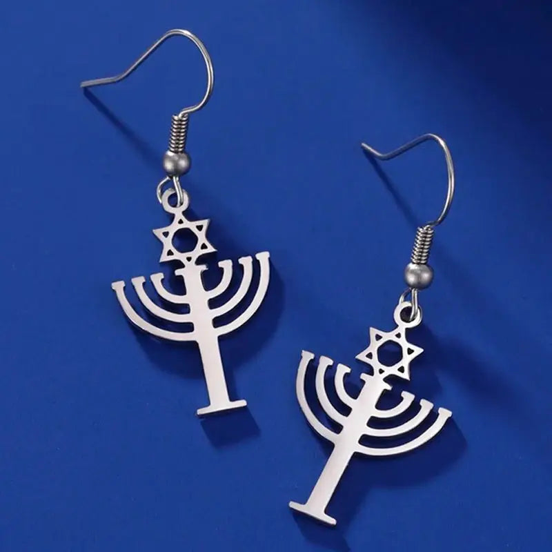 Magen Star of David Drop Earrings with Messianic Menorah Pendant