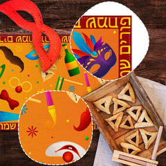 Happy Purim Dining Table Runner – Linen Jewish Festival Decoration with Masque & Hat Motif