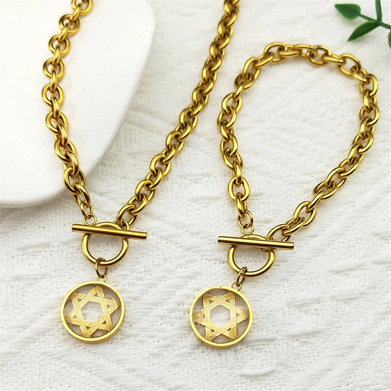 Star of David Pendant & Bracelet Set - Gold Kabbalah Judaica Jewelry