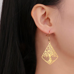 Tree of Life Dangle Earrings for Women - Stainless Steel Geometric Rhombus & Hexagram Star Fashion Jewelry Pendant