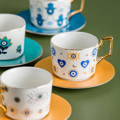 Blue Eyes Ceramic Coffee Mug - Porcelain Mug with Saucers (1 Set)