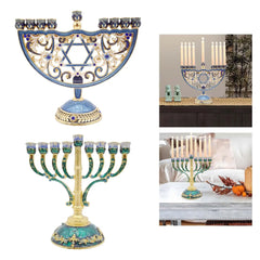 Enameled Metal Hanukkah Menorah with Jeweled Accents Bejeweled Jewish Candlesticks