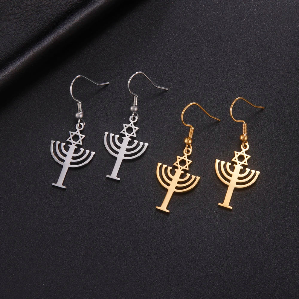 Magen Star of David Drop Earrings with Messianic Menorah Pendant