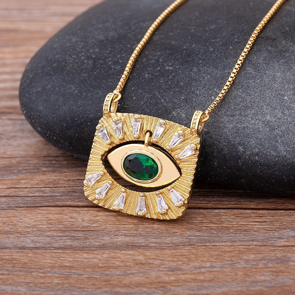 Golden Zircon Turkish Evil Eye Pendant Necklace