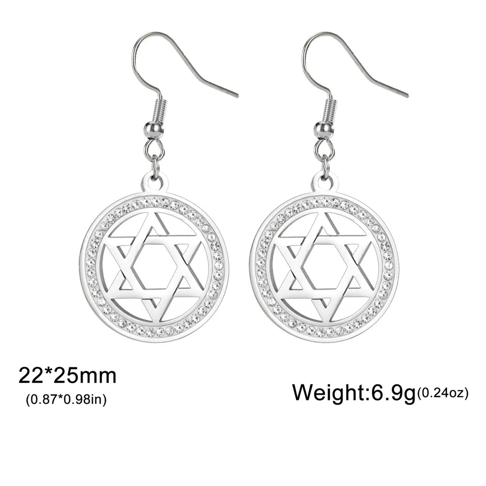 Star of David Dangle Earrings for Women & Girls - Hexagram Moon Pendant with Zircon, Stainless Steel Israel Jewish Jewelry Charm