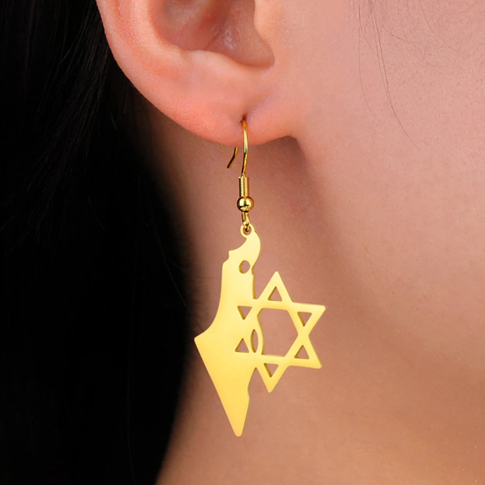 Star of David & Map of Israel Hoop Earrings - Stainless Steel Hexagram Jewelry