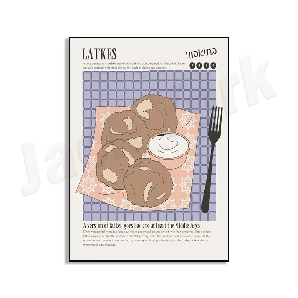 Jewish Food Kitchen Poster – Matzo Ball Soup, Hanukkah Potatoes, Purim Cookies & Chocolate Gel Decor