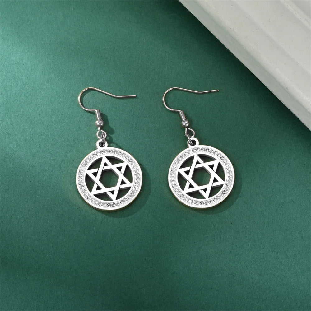 Star of David Dangle Earrings for Women & Girls - Hexagram Moon Pendant with Zircon, Stainless Steel Israel Jewish Jewelry Charm