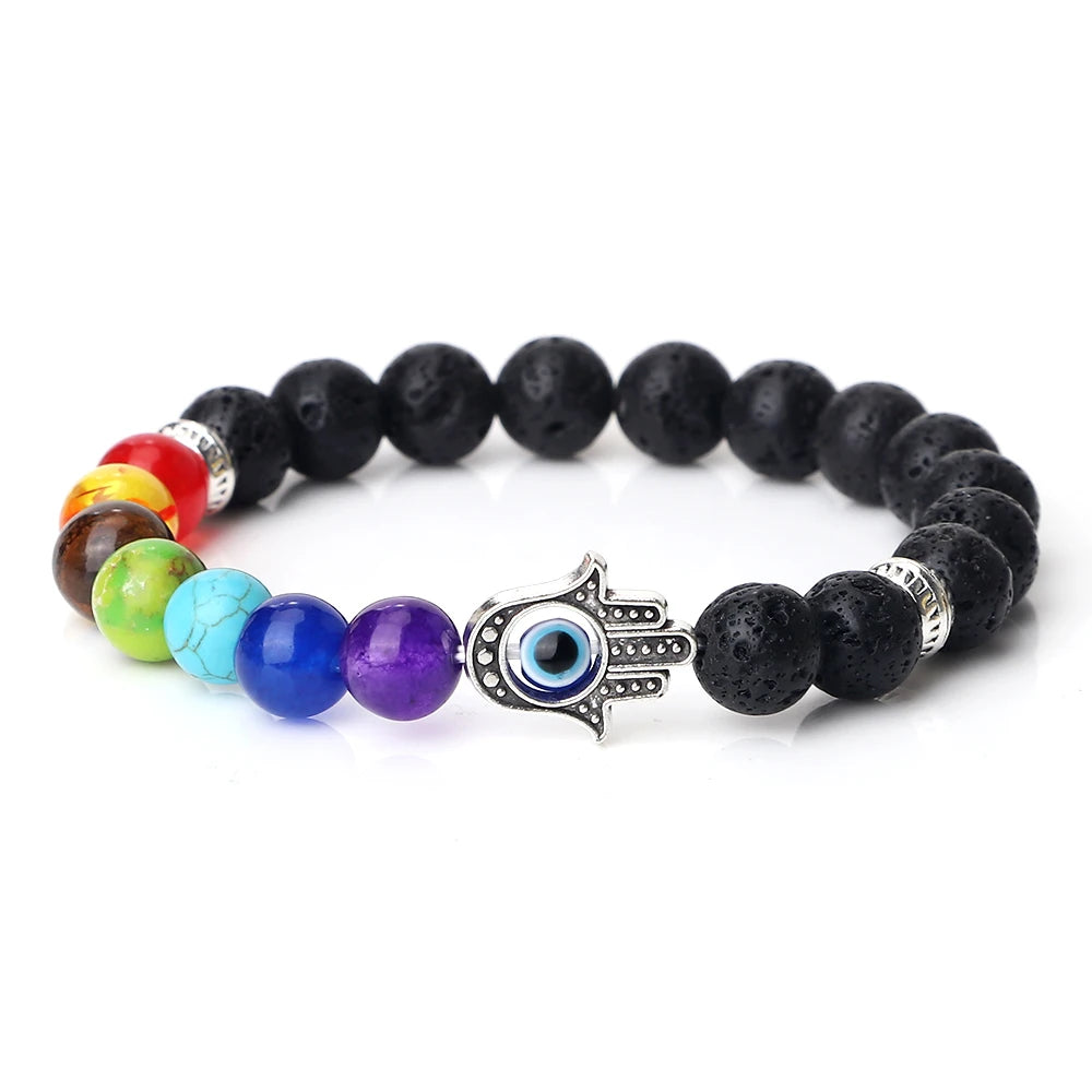 7 Chakra Bracelet - Natural Tiger Eye, Lava, Onyx & Agate Beads with Turkish Evil Eye & Hand of Fatima Charms