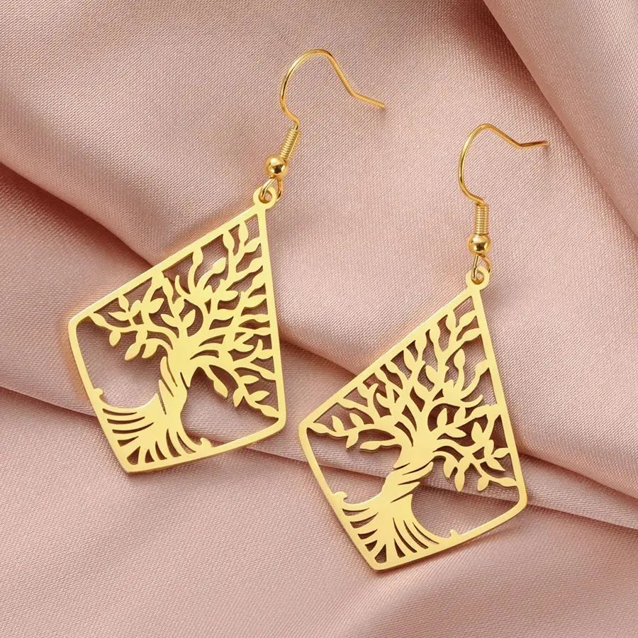 Tree of Life Dangle Earrings for Women - Stainless Steel Geometric Rhombus & Hexagram Star Fashion Jewelry Pendant