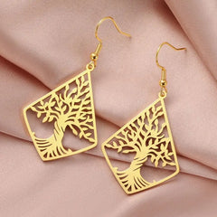 Tree of Life Dangle Earrings for Women - Stainless Steel Geometric Rhombus & Hexagram Star Fashion Jewelry Pendant