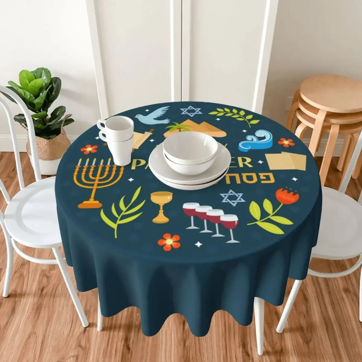 Passover Jewish Tablecloth - Modern Round Dining Table Cover for Living Room