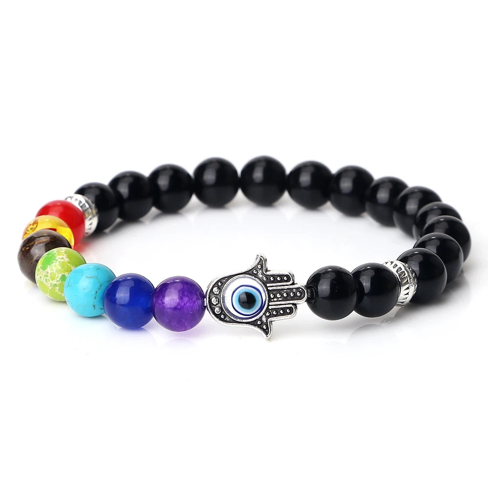 7 Chakra Bracelet - Natural Tiger Eye, Lava, Onyx & Agate Beads with Turkish Evil Eye & Hand of Fatima Charms