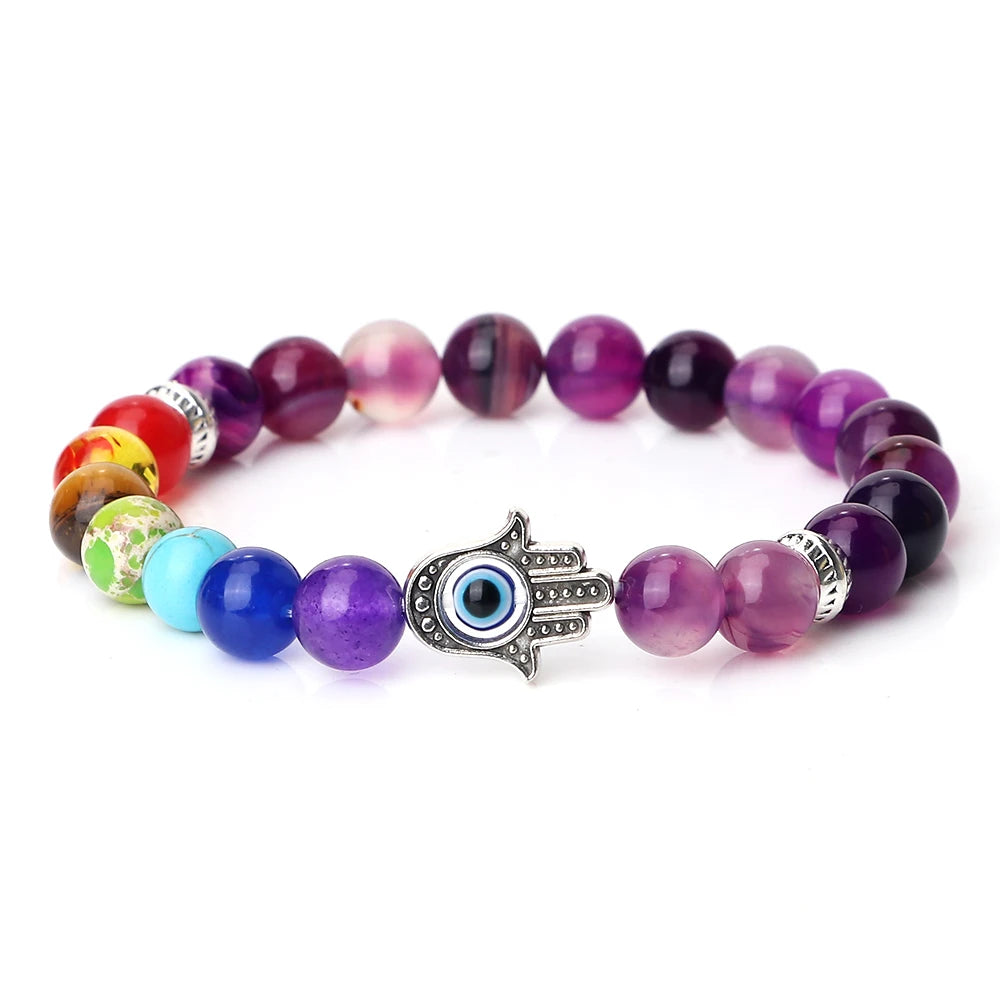 7 Chakra Bracelet - Natural Tiger Eye, Lava, Onyx & Agate Beads with Turkish Evil Eye & Hand of Fatima Charms