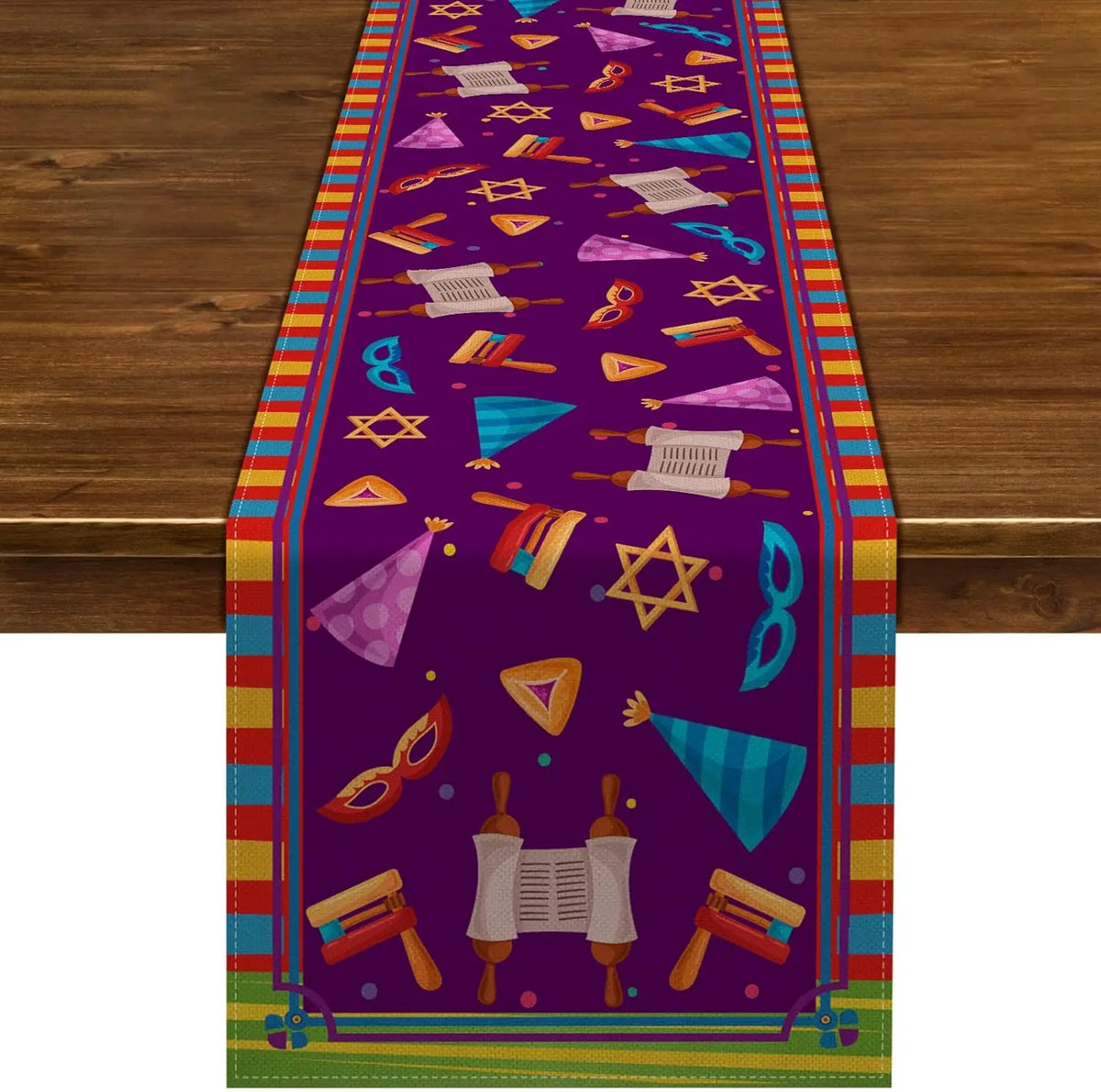 Rustic Purim Table Runner – Farmhouse Linen Jewish Holiday Decoration for Dining & Parties