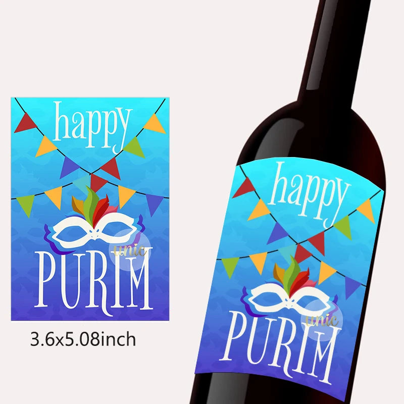 Purim Wine Bottle Labels – 12pcs Self-Adhesive Stickers for Jewish Festival Decor