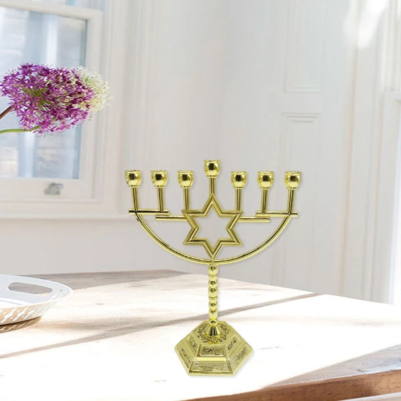 7 Branch Hexagonal Base Menorah with 12 Tribes and Star of David Design